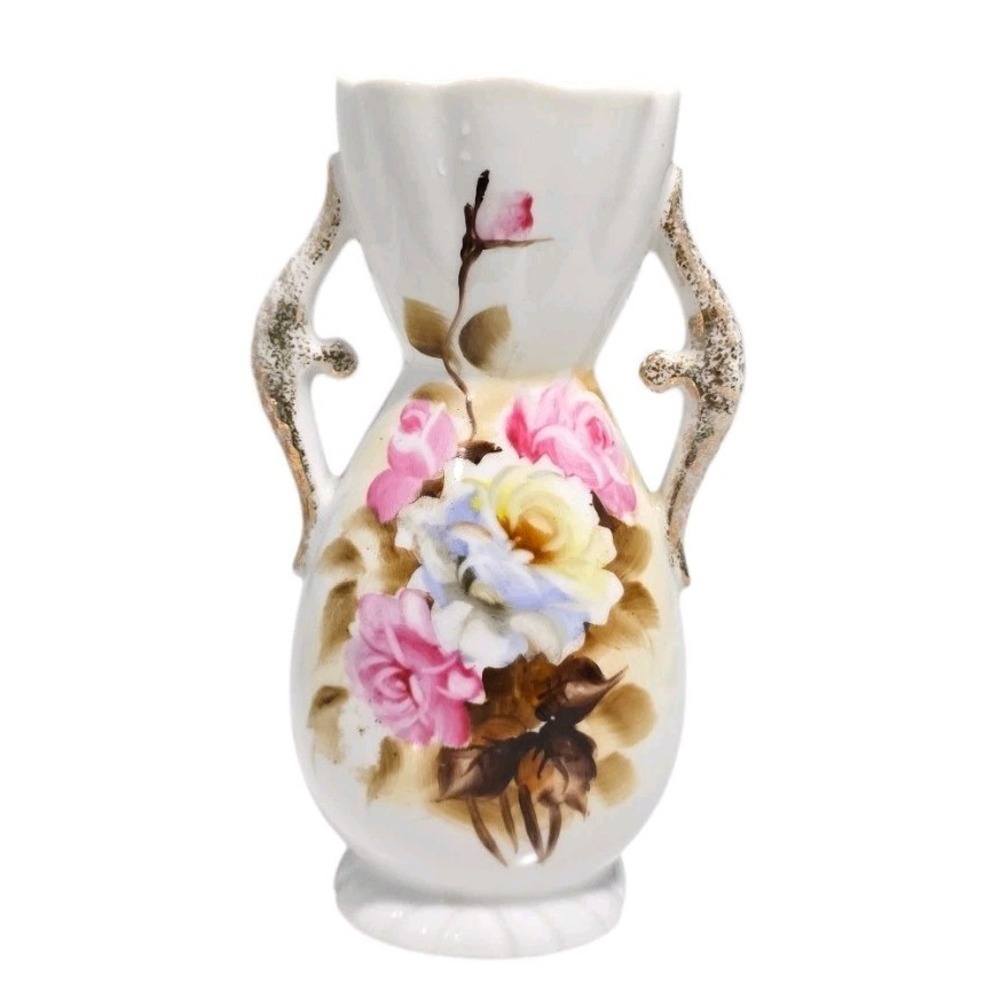 Ucagco Japan Vase Double‎ Handle Vintage 8 Inch Floral Hand Painted Porcelain